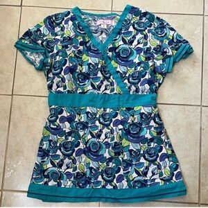 Koi Green & Blue Floral Scrub Top